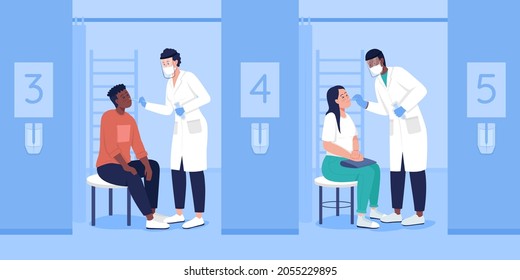 Examination for virus flat color vector illustration. Clinical diagnostics. Taking samples. Patients and doctors 2D cartoon characters with hospital space blue interior on background