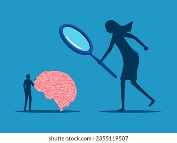 Examine the brain. Businesswoman boss uses sales glasses to examine the employee's brain