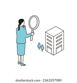 Examine a company with a magnifying glass. woman looking for a job