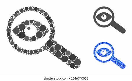 Examine eye mosaic of round dots in different sizes and color hues, based on examine eye icon. Vector round elements are composed into blue collage. Dotted examine eye icon in usual and blue versions.