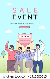 examinee's discount event drawn with line illustration
