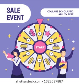 Examinees discount event. SAT work event ability businessman gift high worker college student in uniform classroom test vector concept