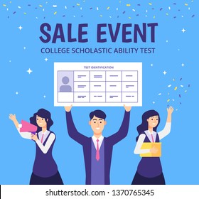 Examinees discount event. Students academic skills college test gift for best students high education entering vector concept. Illustration of discount event, marketing invitation