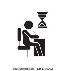 Examing, test, writing man at desk black vector concept icon. Examing, test, writing man at desk flat illustration, sign