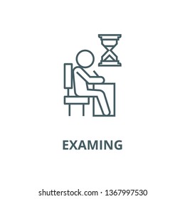 Examing, test, writing man at desk line icon, vector. Examing, test, writing man at desk outline sign, concept symbol, flat illustration