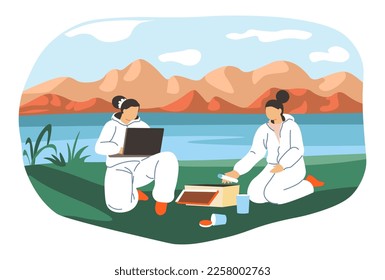 Examining air pollution levels, scientists wearing protective suits making research on harmful substances and elements. Nature protection and preventive measures, awareness. Vector in flat style