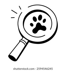 Examining an animal footprint using magnifying glass, doodle icon 