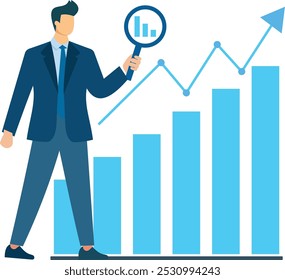 examining a bar graph using a magnifying glass, analysis and strategic planning, Perfect for brochures, websites, or articles focused on business growth strategies and market analytics,