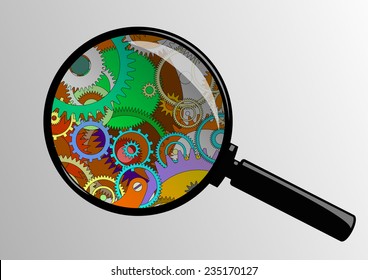 Examining clockwork mechanism through a magnifying glass.