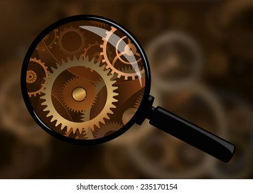 Examining clockwork mechanism through a magnifying glass. cogwheels a clockwork. Macro, extreme closeup.