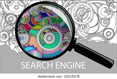 Examining clockwork mechanism through a magnifying glass. cogwheels a clockwork. Macro, extreme closeup.
