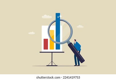 Examining financial data or Business growth. Research analysis data, analyzing chat information. 
Businessman using a magnifying glass to look at graphs. Illustration