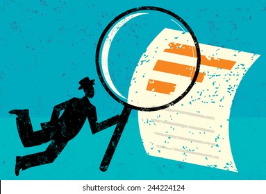 Examining Financial Data A man looking through a magnifying glass at a financial document over an abstract background. 