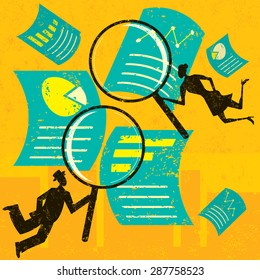Examining Financial Documents A man and woman looking through a magnifying glass at financial documents over an abstract skyline background. 