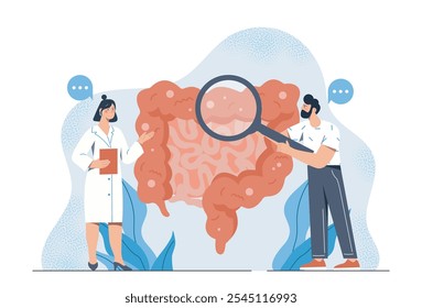 Examinando a flora intestinal. Mulher e homem com lupa examinam intestinos e estômago. Saúde e medicina. Diagnóstico e tratamento. Ilustração de vetor plano isolada no plano de fundo branco