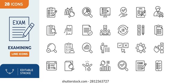Examining Line Editable Icons set. Contain icons related to survey, test, inspection, analysis, and more. Editable stroke. Vector illustration