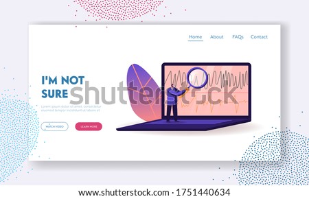 Examining Technician Expert Reading Observations Landing Page Template. Lie Detector Operator Look in Huge Magnifying Glass on Polygraph Chart on Laptop Screen. Cartoon Character Vector Illustration