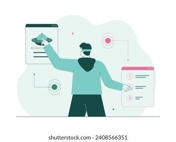 Examining UFOs from various aspects through 3d technology, meta verse vector illustration.
