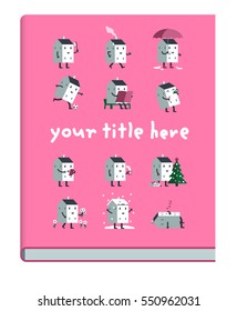 Example book cover with cute doodle houses cartoon in funny flat style. Vector icon set on pink background.