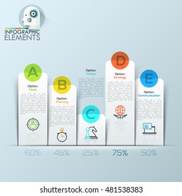 Example of business flat design graph. Infographics column chart made of paper sheets. Vector illustration. can be used for workflow layout, diagram, number options, web design.
