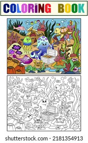 Example. Children color and coloring book, underwater world. Marine nature, animals and fish.