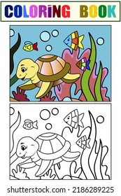 Example. Children color and coloring book, underwater world. Sea turtle, marine nature, animals and fish.