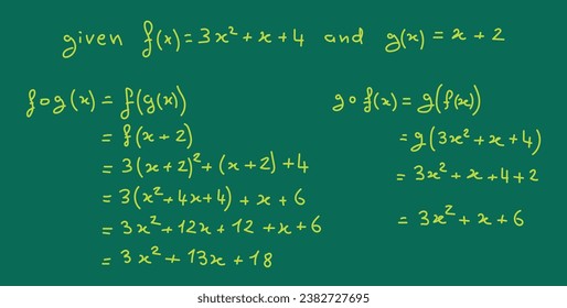 Example of composition of two functions in mathematics. Scientific resources for teachers and students. Math doodle handwriting concept.
