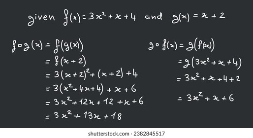 Ejemplo de composición de dos funciones en matemáticas. Recursos científicos para profesores y estudiantes. Concepto de escritura a mano de doodle matemático.