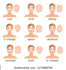 An example of contouring a face of various shapes. Makeup tips. How to contour and highlight different types of faces. Vector illustration.