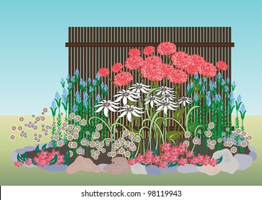 Example of creating a flower bed. Bright flower bed in front of the house. Designing the front of the house.