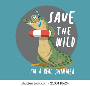 an example of a crocodile going for a swim. the crocodile that goes snorkeling and swimming with a lifeline