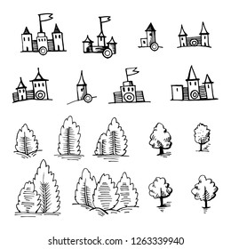Example design elements to make your own fantasy or treasure maps. Includes city, forest. Imitation of medieval drawings. Hand drawn sketch vector