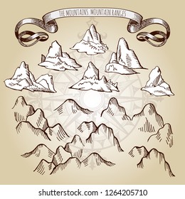 Example design elements to make your own fantasy or treasure maps. Includes mountains. Imitation of medieval drawings. Hand drawn sketch vector