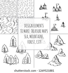 Example design elements to make your own fantasy or treasure maps. Includes city, forest, mountains, sea, waves, ocean. Imitation of medieval drawings. Hand-drawn sketch. Vector