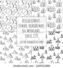 Example design elements to make your own fantasy or treasure maps. Includes city, forest, mountains, sea, waves, ocean. Imitation of medieval drawings. Hand-drawn sketch. Vector