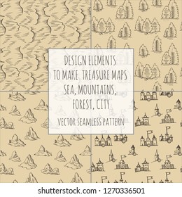 Example design elements to make your own fantasy or treasure maps. Includes city, forest, mountains, sea, waves, ocean. Imitation of medieval drawings. Hand-drawn sketch. Vector