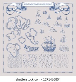 Example design elements to make your own fantasy or treasure maps. Includes city, forest, mountains, sea, waves, ocean. Imitation of medieval drawings. Hand-drawn sketch. Vector