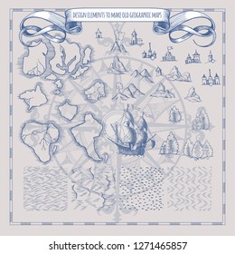 Example design elements to make your own fantasy or treasure maps. Includes city, forest, mountains, sea, waves, ocean. Imitation of medieval drawings. Hand-drawn sketch. Vector