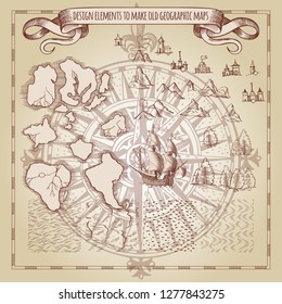 Example design elements to make your own fantasy or treasure maps. Includes city, forest, mountains, sea, waves, ocean. Imitation of medieval drawings. Hand-drawn sketch. Vector