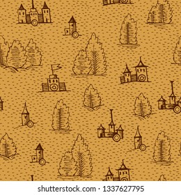 Example design elements to make your own fantasy or treasure maps. Includes city, forest. Imitation of medieval drawings. Hand drawn sketch vector