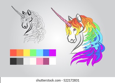 Example of a drawing of a unicorn example colors. The contour of the head of a unicorn and in color. Page child books, vector illustration