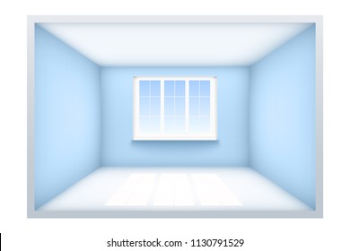 Example of an empty room with blue walls and a window. Simple interior without furnish and furniture. Sunlight falls from the window to the floor. Vector Illustration