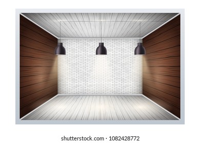 Example of an empty room with brick wall and wooden panels. Simple interior without furnish and furniture. Imitation of three-dimensional space. Vector.