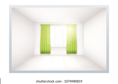 Example of an empty room with white walls and a window. Simple interior without furnish and furniture. Curtains are unfolded. Sunlight falls through the curtains. Imitation of three-dimensional space.