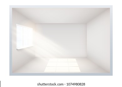 Example of an empty room with white walls and a window on the side. Simple interior without furnish and furniture. Sunlight falls from the window to the floor. Imitation of three-dimensional space. 