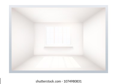 Example of an empty room with white walls and a window. Simple interior without furnish and furniture. Sunlight falls from the window to the floor. Imitation of three-dimensional space. Vector.