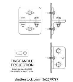 Example of first angle orthographic projection drawing using rolled steel angle assembly 
