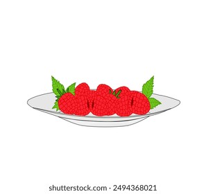 Example of a food menu in vector design new version. Raspberry fruit on a plate vector illustration isolated on white background. delicious dish dessert. element vectors. rasberry, rasberi, berries