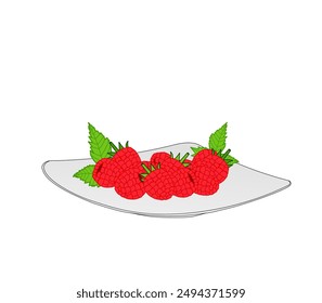 Example of a food menu in vector design new version. Raspberry fruit on a plate vector illustration isolated on white background. delicious dessert. decorating, serving dish. rasberry, rasberi, berry.