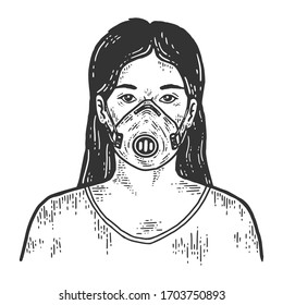 Example, a girl in a surgical mask. Sketch scratch board imitation. Black and white. Engraving vector illustration